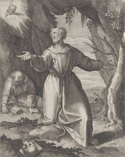 Pyhä Franciscus polvistui käsivarret ojennettuina ja katselee kohti vasemmassa yläkulmassa olevaa kerubia,..., 1599. tekijältä Raphael Sadeler