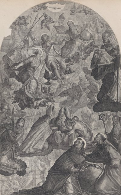 Pyhän Dominikin näky, Isä Jumala ja Kristus yläosassa keskellä, Neitsyt stan..., 1607. tekijältä Raphael Sadeler II