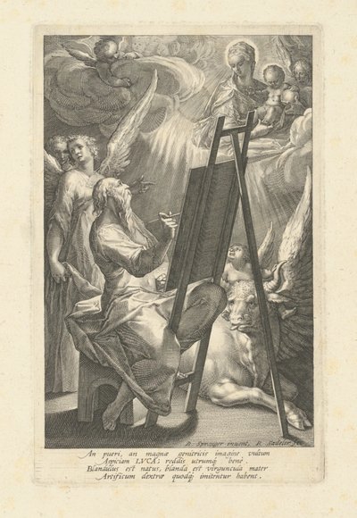 Pyhä Luukas maalaa neitsyen tekijältä Raphael Sadeler I, after Bartholomaeus Spranger