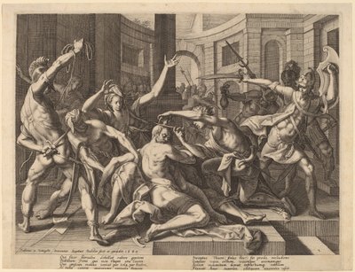 Delilah leikkaa Simsonin hiuksia tekijältä Raphael Sadeler I after Joos van Winghe