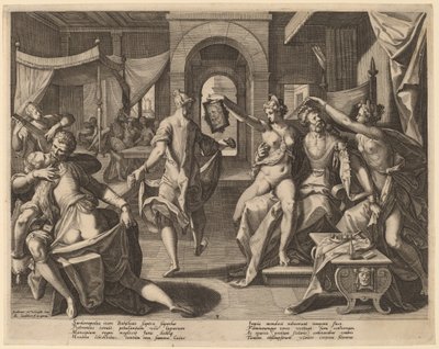 Sardanapalus jalkavaimojen joukossa tekijältä Raphael Sadeler I after Joos van Winghe