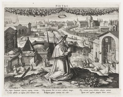 Pietas hurskauden persoonallisuutena Pietas (otsikko esineessä) Prinssin päätoiminnat (sarjan nimi) Schema, seu speculum principum (sarjan nimi) tekijältä Raphaël Sadeler (I)