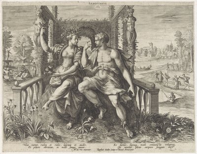 Sanguininen temperamentti Sanguineus (otsikko esineessä) Vier temperamenten (sarjan nimi) tekijältä Raphaël Sadeler (I)