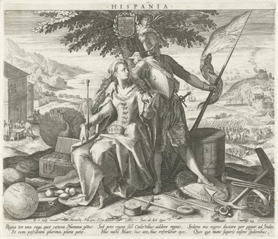 Espanja Junon ja Marsin kanssa Hispania (otsikko esineessä) Euroopan maiden allegoriset esitykset (sarjan nimi) tekijältä Raphaël Sadeler (I)