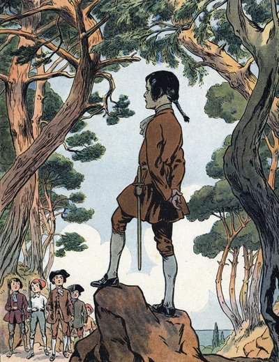 Napoleon Bonaparte (1769-1821) lapsi Ajacciossa, Korsikalla (Nuori Napoleon Bonaparte Ajacciossa, Korsikalla) Kuvitus Raymond de Neziere teoksessa "Our-glories-nationales" 1920 Yksityiskokoelma DR tekijältä Raymond de la Neziere