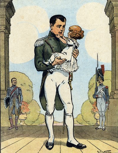 Muotokuva keisari Napoleon I:stä (1769-1821) ja hänen pojastaan Aiglonista (1811-1832) (Rooman kuningas Napoleon II, Reichstadtin herttua) (Ranskan keisari Napoleon I ja hänen poikansa Napoleon II) Raymond de Nezieren kuvitus teoksessa "Our-Glories-Nationa tekijältä Raymond de la Neziere