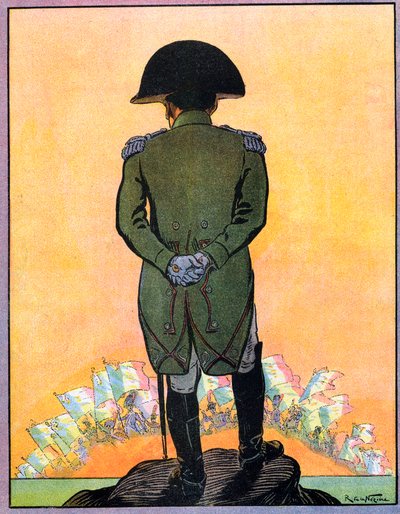 Napoleon I:n (1769-1821) muotokuva Pyhän Helenan saarella. Napoleon I Sainte Helenan saarella (Sainte-Helene) kuvasta "Nos-Gloires-Nationales" n. 1920 (kaiverrus). tekijältä Raymond de la Neziere