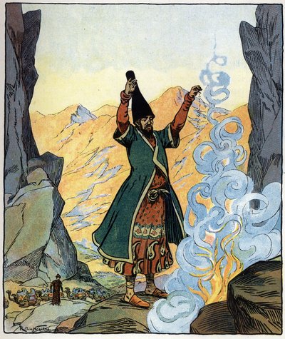 Dervismimunkki sytyttää tulen ja ripottelee sitä: kuvitus tarinaan "Aladin tai ihmeellinen lamppu" teoksessa "Arabian yöt". tekijältä Raymond de la Neziere