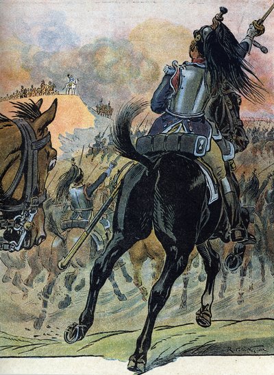 Viidennen koalition sota: "Wagramin taistelu (5.-6. heinäkuuta 1809)" (Napoleonin sota: Raymond de Nezieren kuvitus teoksessa "Our-Glories-Nationals" 1920 DR Yksityiskokoelma. tekijältä Raymond de la Neziere