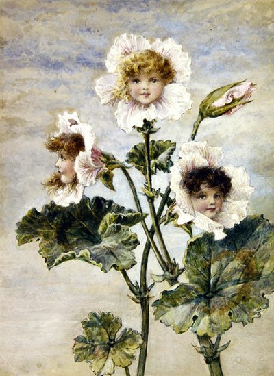 Geranium & Sweet Pea - Kukkalapset - pari (akvarelli ja vartaloväri paperille) tekijältä Rebecca Coleman
