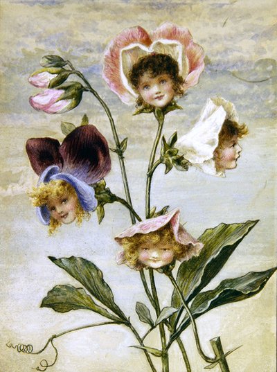 Geranium & Sweet Pea - Kukkalapset - pari (akvarelli ja vartaloväri paperille) tekijältä Rebecca Coleman
