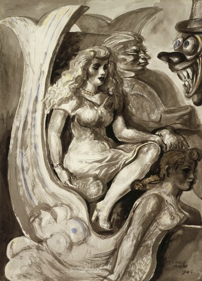 Ratsastajat merenneito-tunneliveneessä: Kaksipuolinen akvarelli tekijältä Reginald Marsh