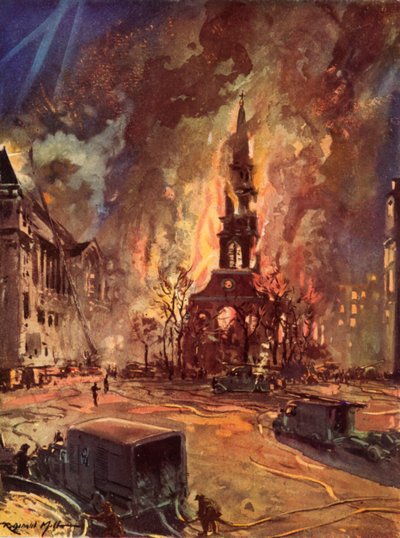 St Clement Danesin kirkko, Strand, Lontoo, palanut Blitzin aikana, toisessa maailmansodassa tekijältä Reginald Mills