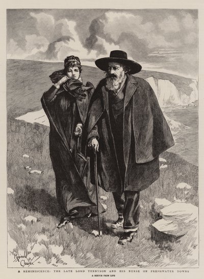 Muistoja, Lordi Tennyson ja hänen hoitajansa Freshwater Downsissa (kaiverrus). tekijältä Reginald Thomas Cleaver