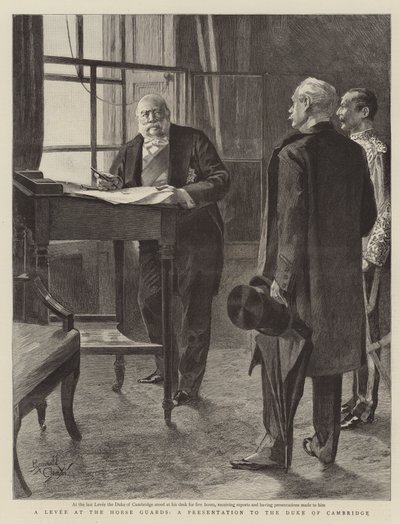 Hevoskaartin levee, esitys Cambridgen herttualle (kaiverrus). tekijältä Reginald Thomas Cleaver