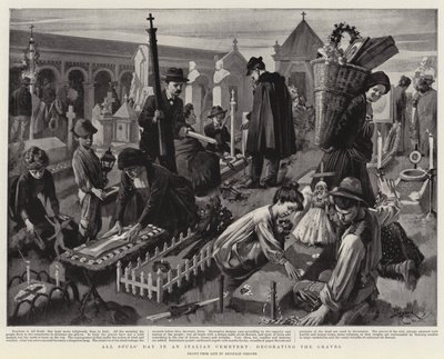 Pyhäinpäivä italialaisella hautausmaalla, hautojen koristelu (litografia) tekijältä Reginald Thomas Cleaver