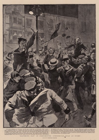 "Mafeking Day" Portsmouthissa, Commercial Road yöllä (litografia) tekijältä Reginald Thomas Cleaver