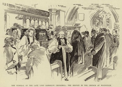 Edesmenneen lordi Randolph Churchillin hautajaiset, jumalanpalvelus Woodstockin kirkossa (litografia) (pdf) tekijältä Reginald Thomas Cleaver