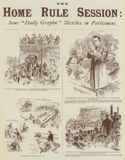 Itsehallintoalueen istunto, joitakin "Daily Graphic" -piirroksia parlamentissa (kaiverrus). tekijältä Reginald Thomas Cleaver