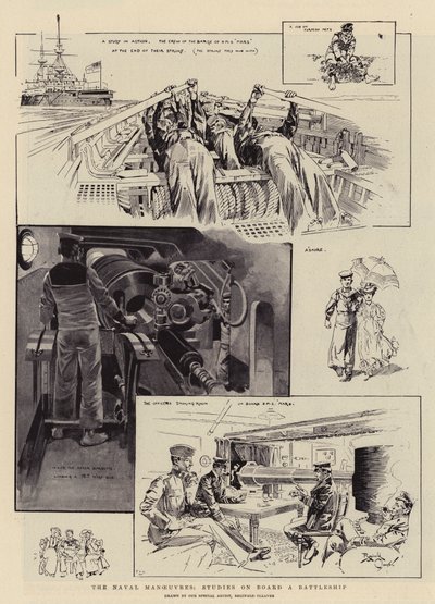 Merivoimien manööverit, tutkimuksia taistelulaivalla (litografia). tekijältä Reginald Thomas Cleaver
