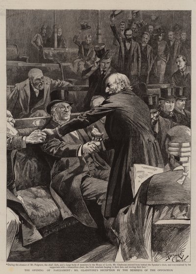 Parlamentin avajaiset, Gladstonen vastaanotto oppositioedustajien toimesta (kaiverrus). tekijältä Reginald Thomas Cleaver