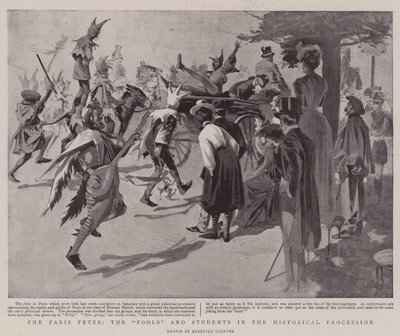 Pariisin juhlat, "Narrit" ja opiskelijat historiallisessa kulkueessa (litografia) tekijältä Reginald Thomas Cleaver