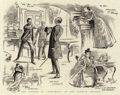 "Diplomatian" elpyminen Garrick-teatterissa (litografia) tekijältä Reginald Thomas Cleaver