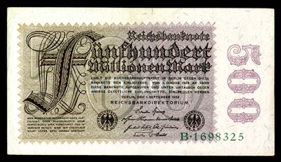 Weimarin tasavallan paperimerkki ensimmäisen maailmansodan jälkeisen hyperinflaation aikakaudella (1921–24) tekijältä Reichsbankdirektorium Berlin