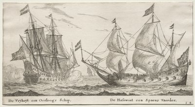 Amsterdamin laivat: The Freedom, a Man-of-War. Susikoira, espanjalainen alus. tekijältä Reinier Nooms