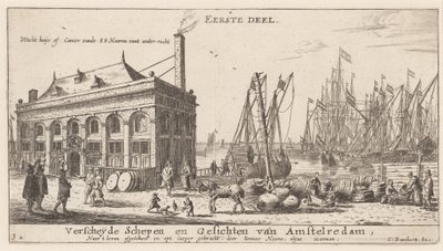 Näkymä Amsterdamin satamasta ja vesiviranomaisen toimistosta (otsikkosivu) tekijältä Reinier Nooms, called Zeeman