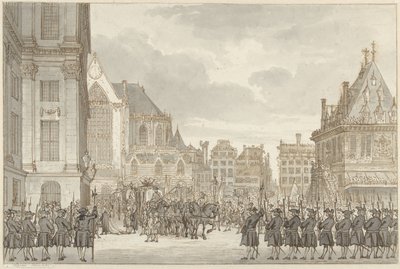 Preussin prinssi William V:n ja Frederica Sophia Wilhelminan saapuminen kaupungintaloon Dam-aukiolle Amsterdamissa, 30. toukokuuta 1768 tekijältä Reinier Vinkeles (I)