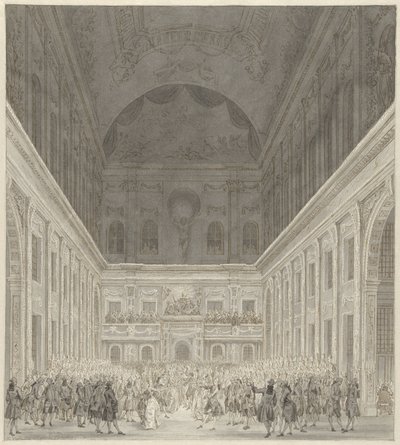 Ball Amsterdamin kaupungintalon kansalaissalissa Preussin prinssi William V:n ja Wilhelminan vierailun kunniaksi kesäkuussa 1768 tekijältä Reinier Vinkeles (I)