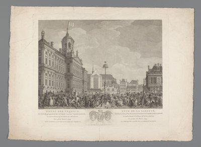 Vapauden juhla Dam-aukiolla Amsterdamissa, 4. maaliskuuta 1795 Vapaudenjuhla, vietetään vapauspuun vihkimisen yhteydessä, Amsterdamissa, Vallankumouksen aukiolla, 4. maaliskuuta 1795. Batavian vapauden ensimmäinen vuosi / Fête de la L tekijältä Reinier Vinkeles (I)