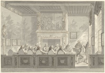Prinssi William V:n istuin College of the Admiraltyssa Amsterdamissa tekijältä Reinier Vinkeles (I)