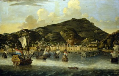 Hollantilaisia aluksia Tripolin (Libya) rannikolla, sataman ja kaupungin linnoitetut muurit. Reinier Noomsin (1623-1667) öljymaalaus. tekijältä Reinier Zeeman