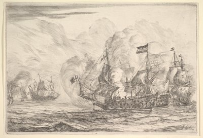 Merivoimien kohtaaminen kolmen aluksen kanssa oikealla, meritaisteluista Nieuwe Scheeps Bat..., 1652-54. tekijältä Reinier Zeeman