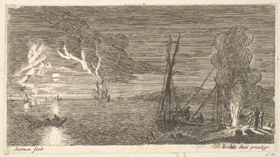 Yökohtaus, jossa kalastaja seisoo tulen ääressä, 1600-luku. tekijältä Reinier Zeeman