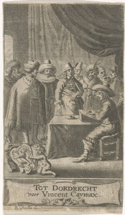 Kauppias kirjoituspöydän ääressä Nimisivu: J. van der Does e.a., Verscheyde voyagien, ofte reysen, 1652 tekijältä Reinier van Persijn