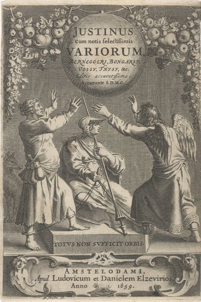 Minerva ja twee geketende figuren Otsikko voor: A. Thysius, Justinus cum notis selectissimis variorum Berneggerj, Bongarsy, Vossy, Thysy jne, 1659 tekijältä Reinier van Persijn