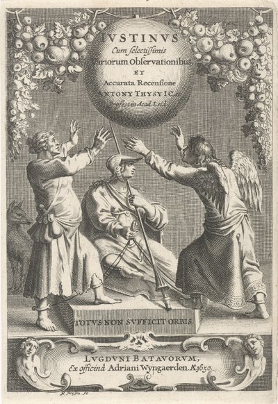 Minerva en twee geketende figuren Titelpagina voor: A. Thysius, Justinus valikoiduimmilla erilaisilla havainnoilla ja yksityiskohtaisella katsauksella, 1650 tekijältä Reinier van Persijn
