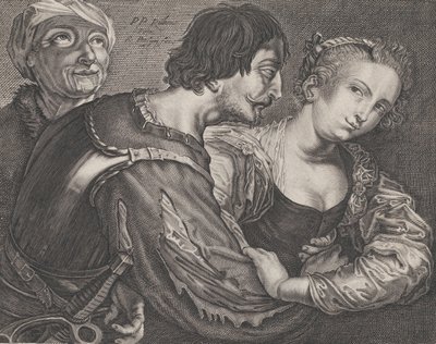 Hankinta: vanha nainen, sotilas ja nainen, n. 1635-68. tekijältä Reinier van Persyn