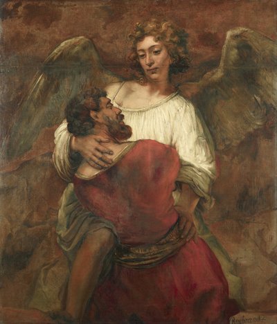 Jaakob painii enkelin kanssa tekijältä Rembrandt