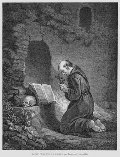 Pyhä Franciscus Assisilainen rukoilee (litho) tekijältä Rembrandt Harmensz. van Rijn (after)