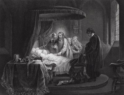 Jairuksen tyttären ylösnousemus, Markus, V luku, jakeet 35, 42 (kaiverrus). tekijältä Rembrandt Harmensz. van Rijn (after)