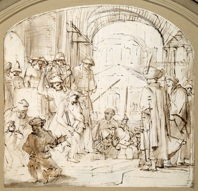 Christ Mocked (kynä ja muste pesulla paperille) tekijältä Rembrandt Harmensz. van Rijn (school of)