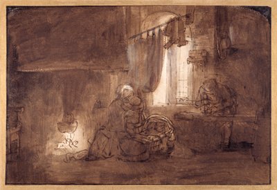 Pyhä perhe puusepänliikkeessä (kynä ja muste pesulla paperille) tekijältä Rembrandt Harmensz. van Rijn (school of)