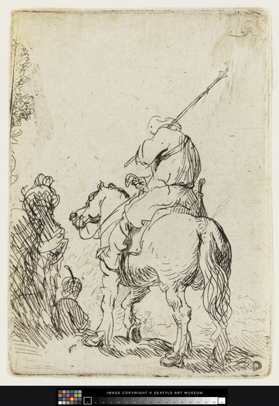 Turbaaninen sotilas hevosen selässä, n. 1632 (etsaus) tekijältä Rembrandt van Rijn