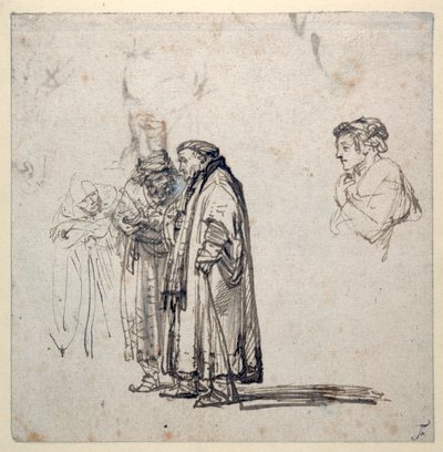 Ryhmä iäkkäitä tutkijoita ja erikseen nuoremman miehen profiili (kynä & ruskea muste pesuaineella ja guassilla paperilla) tekijältä Rembrandt Harmensz. van Rijn