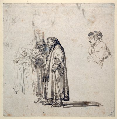 Ryhmä iäkkäitä tutkijoita ja erikseen nuoremman miehen profiili (kynä ja muste paperille) (recto of 2636120) tekijältä Rembrandt Harmensz. van Rijn