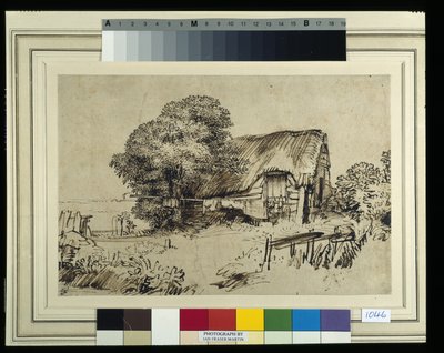 Olkikattoinen mökki suuren puun vieressä, ulkona istuva hahmo, n. 1648-52 (kynä ja muste paperille) tekijältä Rembrandt Harmensz. van Rijn